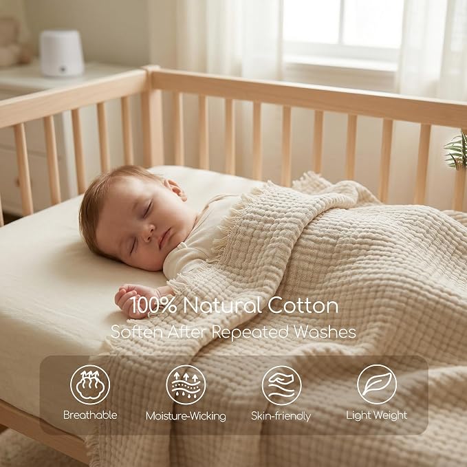 WDCOZY 100% Cotton Muslin Blanket King Size 4-Layer for Bed Breathable Lightweight Soft Large Boho Farmhouse Linen Tassels Ruffle Gauze Blankets All Season for Adults 102x120 Inches Beige Tan Neutral