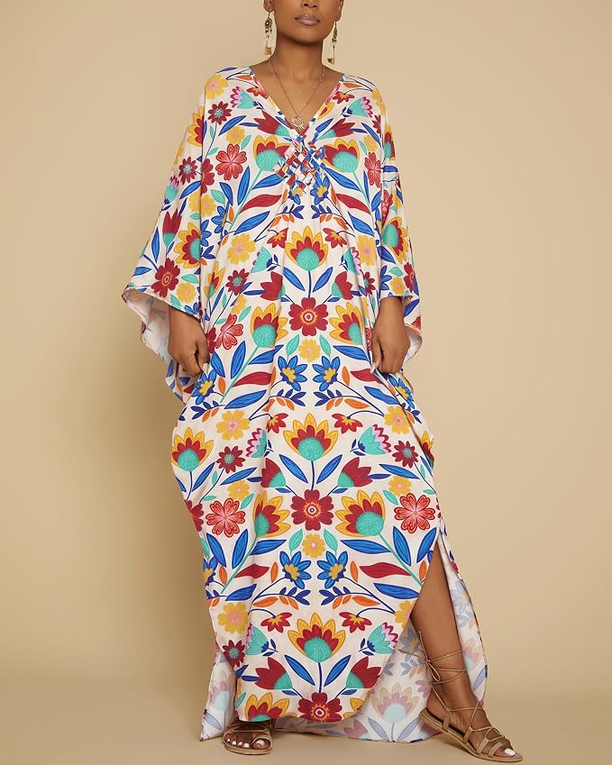 Bsubseach Kaftan Dresses for Women Floral Print Plus Size Beach Cover Up | Lightweight V Neck Loose Fit Boho Dress, Batwing Sleeve Side Slit, Moo Moos for Women Home Loungwear Cruise Resort Wear