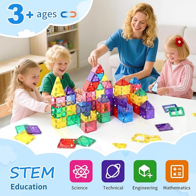100 Pieces Magnetic Tiles for Kids Ages 4-8, Glitter Magnetic Building Tiles Preschool Learning Magnet Toys, STEM Sensory Magnet Building Blocks for Toddlers 3 4 5 6 7 8+ Year Old Boys Girls