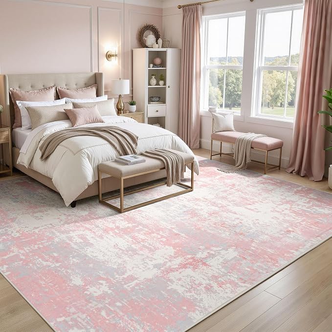 Rugflix 5x7 Area Rugs for Bedroom, Washable Pink Large Rug | Machine Washable; Stain-Resistant; Low Pile; Non-Slip; Modern Abstract; Carpet for Nursery Girls Living Room Office Home