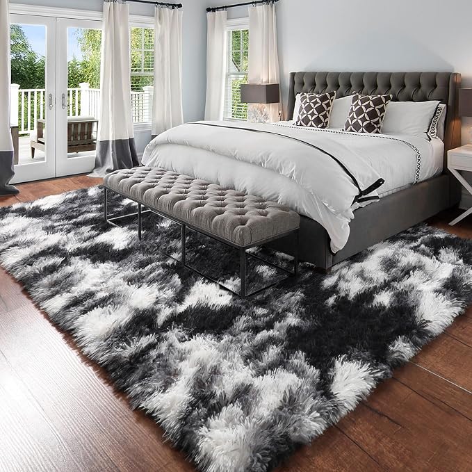 Amdrebio Black White Grey Rugs for Bedroom Living Room Decor, Fluffy Fuzzy Shaggy Furry Area Rug 5x7 for Kids Room Dorm Home Office Apartment, Shag Plush Floor Modern Cool Carpet for Teen Baby Boys