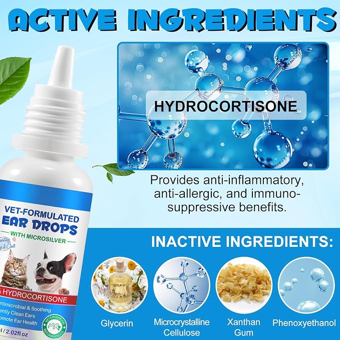 NenMaoKeNu 2 Pack Cat & Dog Ear Infection Treatment Drops, Ear Cleaner to Soothe and Relieve Itchness, with 1% Hydrocortisone for Dog Ear Infections, Prevents Inflammatio, Treats Ear Infections