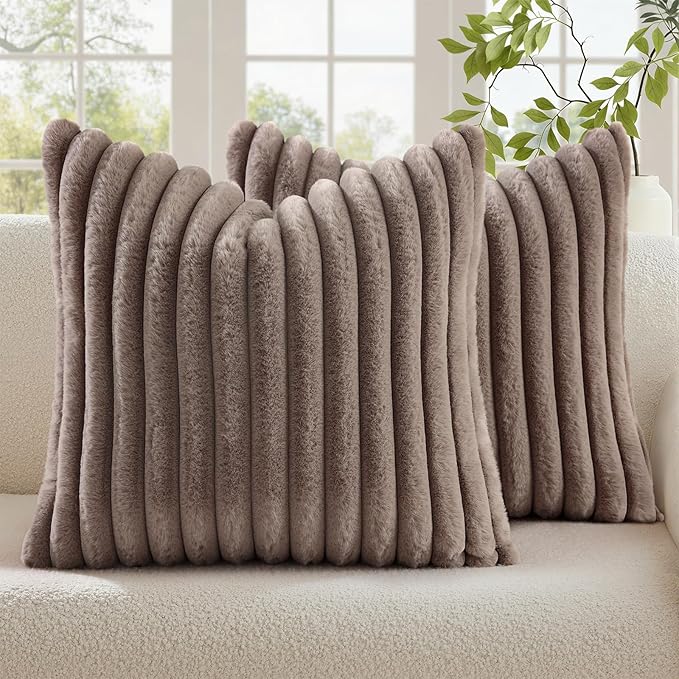 decorUhome Fall Faux Fur Throw Pillow Covers 16x16 Set of 2 Light Coffee | Decorative Soft Cozy Striped Plush Modern Farmhouse Boho Couch Pillow Cases Velvet Back for Sofa Bed Living Room Home Decor