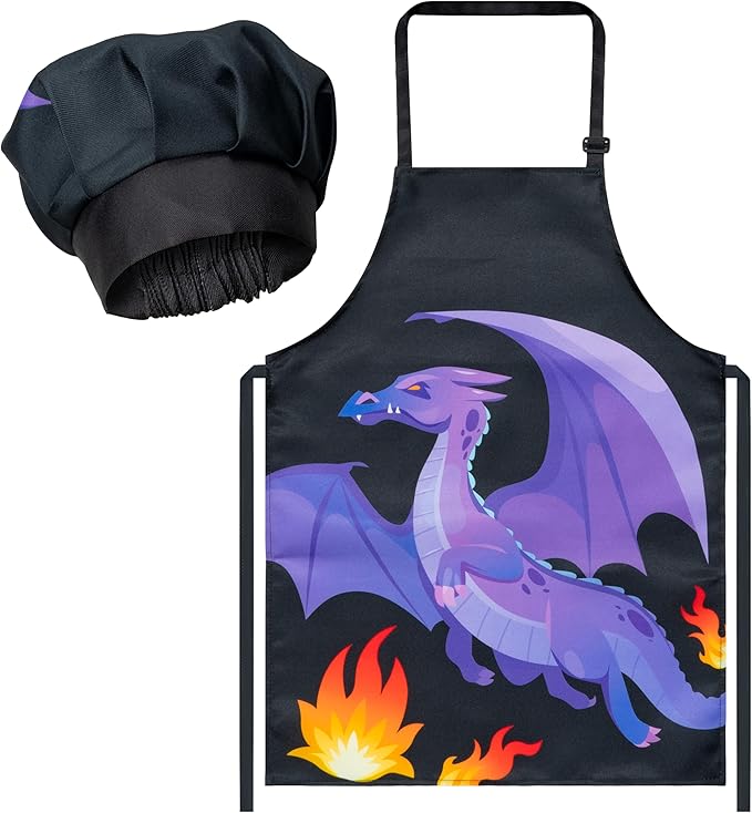 R HORSE Kid Apron and Chef Hat Set - 2Pcs Dragon Adjustable Children Kitchen Apron Dress up Role Play Chef Toy Kid Cooking Gift Birthday for Kids Cooking Baking Painting and Training