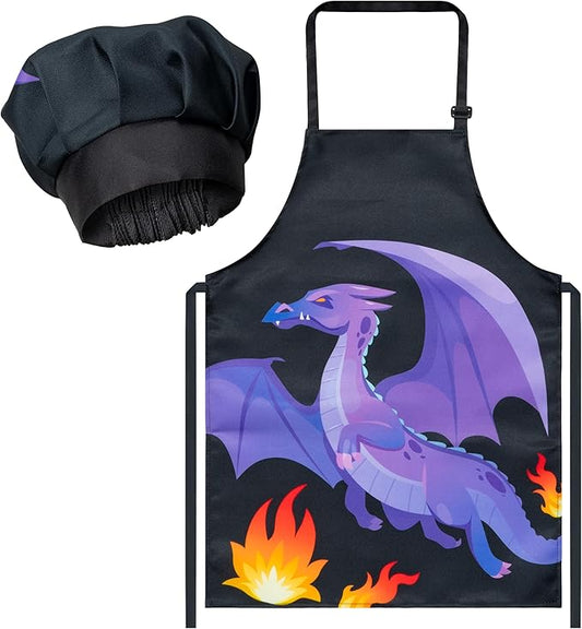 R HORSE Kid Apron and Chef Hat Set - 2Pcs Dragon Adjustable Children Kitchen Apron Dress up Role Play Chef Toy Kid Cooking Gift Birthday for Kids Cooking Baking Painting and Training