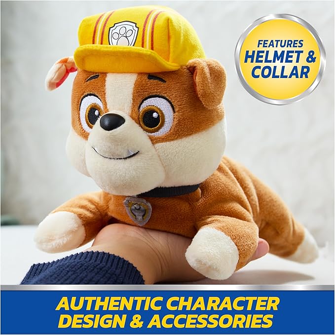 Paw Patrol GUND Rubble Plush, Official Lounging Rubble Plush Toy, Weighted Stuffed Animal, Sensory Toy for Ages 1 and Up, 8”