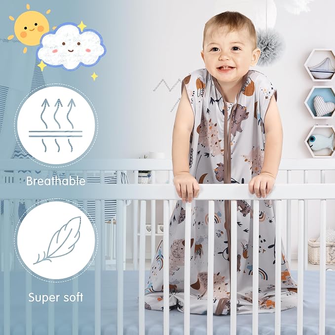 BSTOPPT 3 Pack Baby Sleep Sack 100% Rayon Cotton Baby Sleeping Bag 2-Way Zipper Toddler Wearable Blankets TOG 0.3. (Fox&Dinosaurs&Dark gray, 6-12 Months)