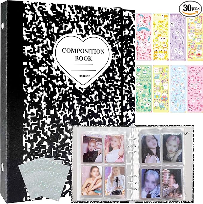 Kpop Photocard Binder 3 Inch, 25 Pocket Inner Pages, 50pcs Holographic Card Sleeves, 6 Sheets Cute Korean Stickers