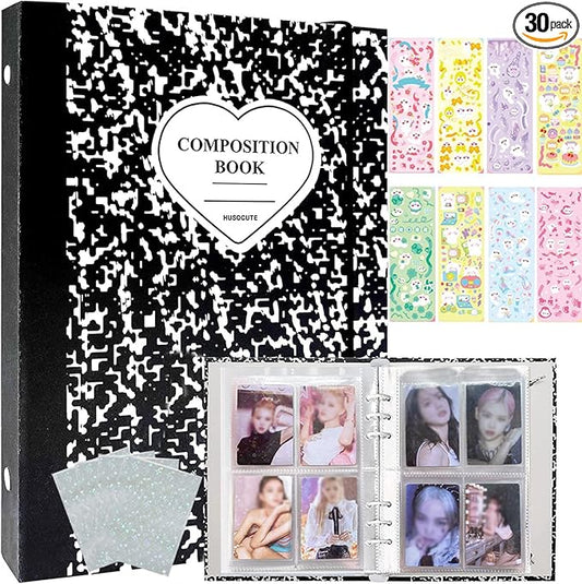Kpop Photocard Binder 3 Inch, 25 Pocket Inner Pages, 50pcs Holographic Card Sleeves, 6 Sheets Cute Korean Stickers
