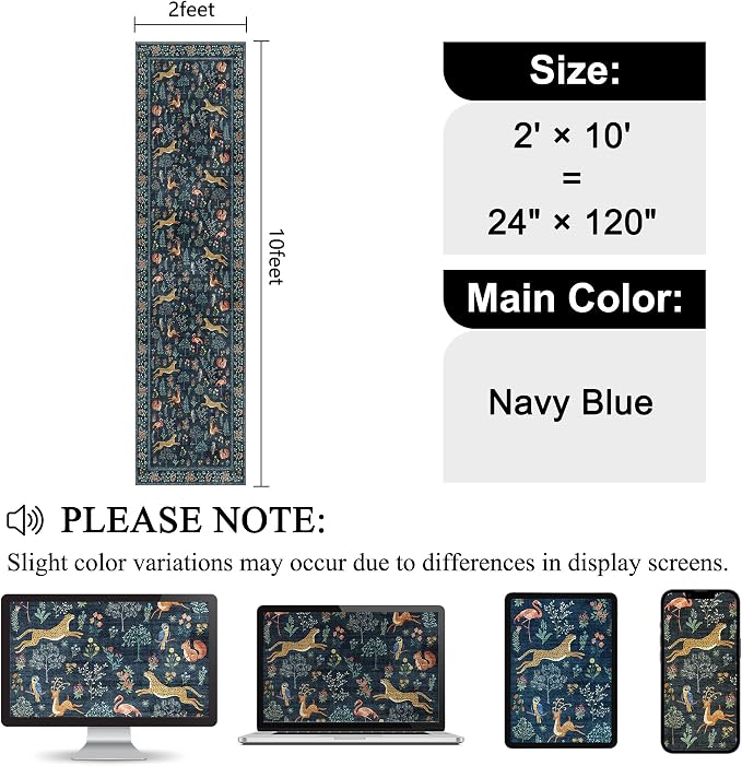 DUKINO 2x10 Kitchen Runner Rug, Soft Non Slip Animal Washable Rug Navy Blue | Low Pile, Non-Shedding Indoor Carpet Runner for Hallway, Entryway, Bedroom, Bathroom, Laundry, Pet Friendly, Stain Resistant