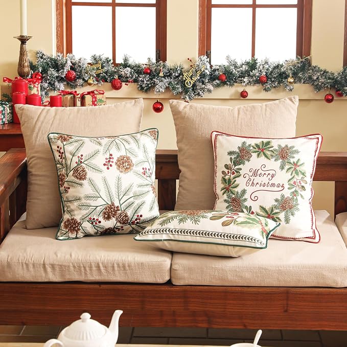 Designer Chrismas Velvet Throw Pillow Cover,18"x18"-Carol B | Vintage Square Pillow Cover,Concealed Zipper Design,Pinecones Pattern,Sofas,Bedroom,Living Room,Lounge Chairs,Decor