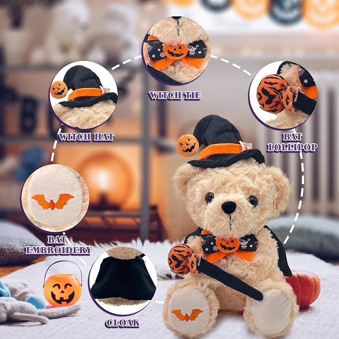 Teddy Bear Stuffed Animal Wizard Bear - Wizard Plush Toy for Party Decorations - 8 Inch Cute Orange Bear Plushies Stuffed Animal with Pumpkin Hat & Magic Wand