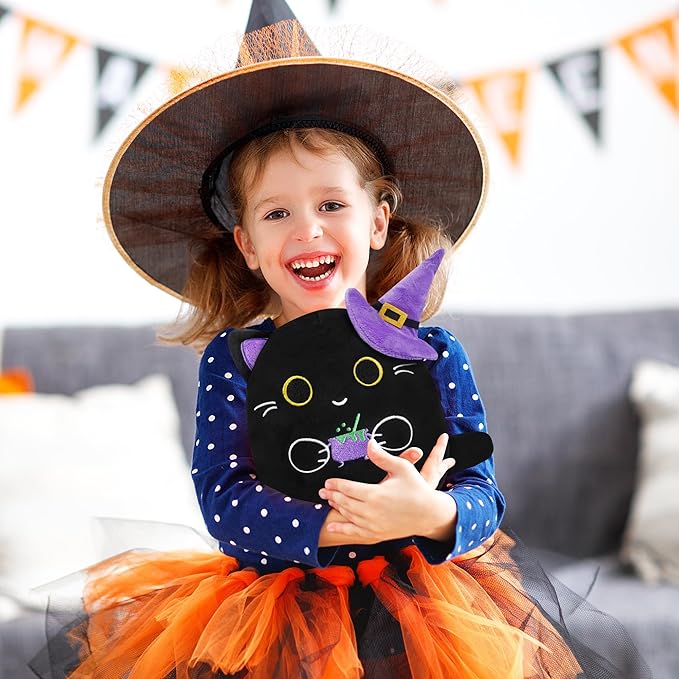 Halloween Stuffed Animal Plush Toy - 8 Inch Black Cat with Wizard Hat Plush Pillow Soft, Cute Stuff Animals Plushies Toys Gift for Kids Girls Boys, Halloween Birthday Party Decorations