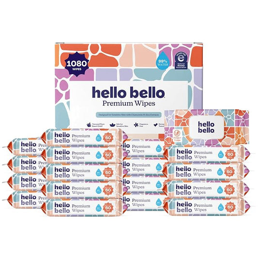 Hello Bello Premium Wipes, Designed for Sensitive Skin with Chamomile & Aloe Extracts, Flower Pop (18 Resealable Packets = 1080 Total Wipes)