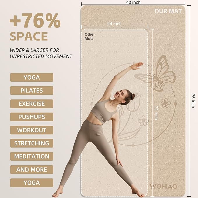 Large 76"x40"x0.4" Yoga Mat - Extra Width & Thick Non-Slip Exercise Mat, Versatile for Stretching, Yoga Studio, Gym, Home & Indoor/Outdoor Workouts