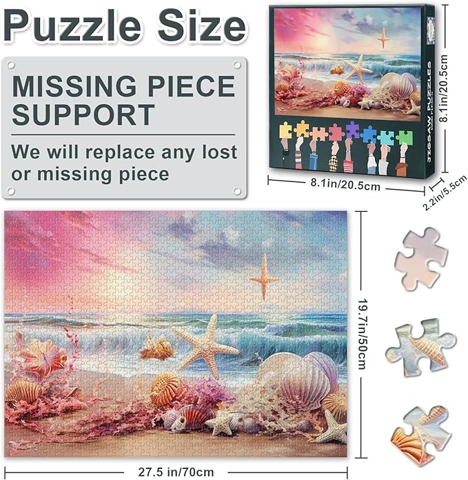 Jigsaw Puzzle 1000 Pieces for Adults, Beach Shells Adult Puzzles, 1000 Piece Puzzles, Beach Shells Challenging Puzzle Perfect for Game Nights Educational Toy Finished Size 19.5 x 27.5 Inch