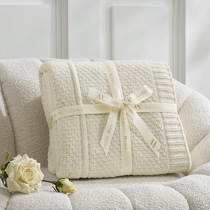 Amélie Home Premium Chenille Throw Blanket, Soft Cozy Moss Stitch Knit Blanket for Couch, Sofa, Chair, Home Decor, Ivory 50"x60"