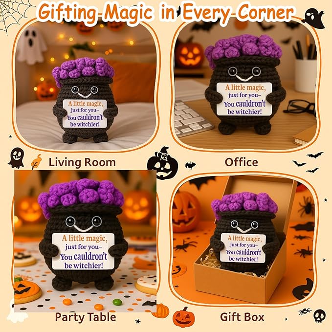 Halloween Witch Cauldron Crochet Mini Plush – Amigurumi Spooky Cute Desk Decor, Tiered Tray Kawaii Witchy Gift, Handmade Halloween Decorations, 3.4 x 2.6 in