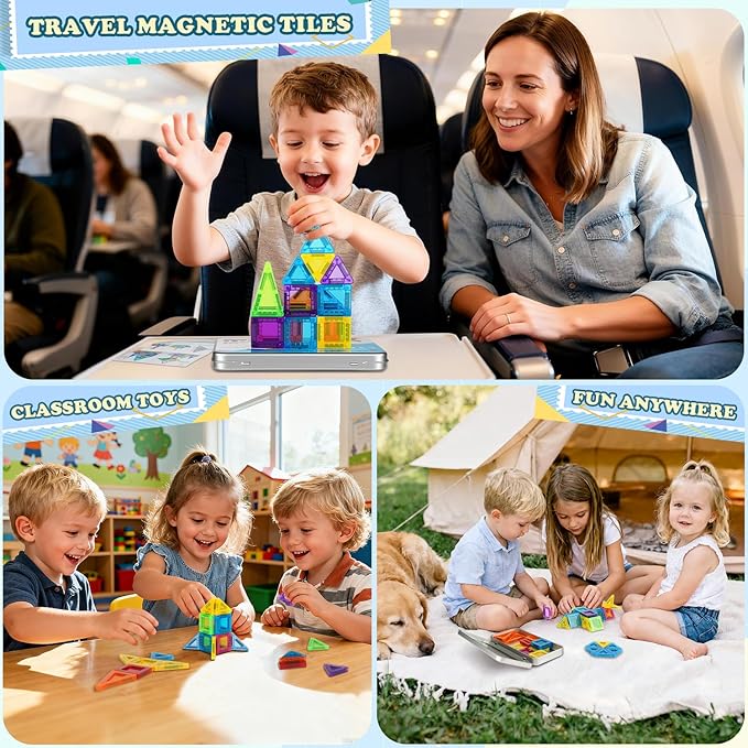 Magnetic Tiles Travel Toys for Kids Toddlers, MINI Magnetic Building Blocks Set with Iron Case, Portable Creativity Magnet Blocks & Game, Christmas Birthday Gifts for 3+ Years Girls Boys, 42PCS