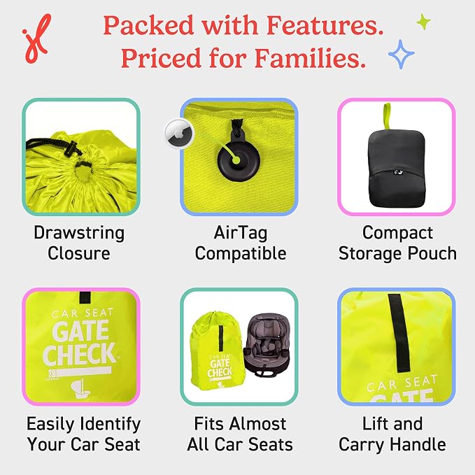 J.L. Childress Gate Check Travel Bag for Car Seats - Car Seat Travel Bag for Airplane, Includes AIRTAG Holder, Fits All Baby Car Infant Carriers & Child Booster Seats - Neon Yellow
