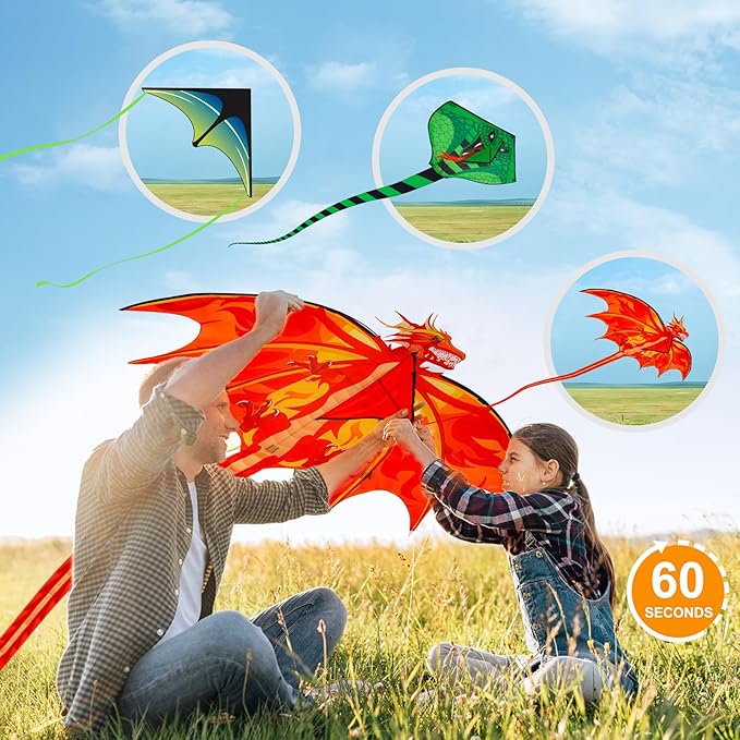 3 Pack Large Kites - Dragon Snake Delta Kites Easy to Fly for Adults Kids Beach Park Outdoor Game Activities, Gifts for Easter Festival Birthday