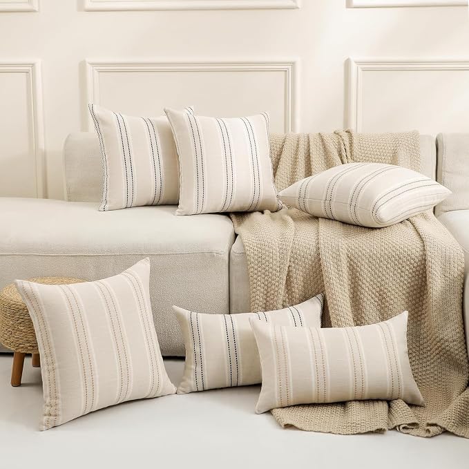 Hckot Stripe Throw Pillow Covers 12x24 Lumbar Khaki Farmhouse Pillow Covers | Modern Decorative Pillows Textured Linen Cushion Covers for Sofa Couch Bed Living Room Decor