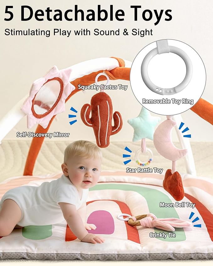 Baby Play Gym & Washable Activity Mat, Non Slip Bottom Tummy Time Mat with 5 Detachable Sensory Toys for Motor Skills, Newborn Infant Baby Essentials Shower Gift(Rainbow)