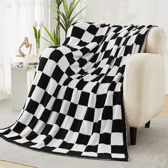 Soft Twin Size Checkered Blanket for Bed-Cozy Knitted Blankets | Lightweight Fluffy Warm Decor for Women, Mom, Her & Girls, Sofa, Chair, Couch, 60x80in,Black and White