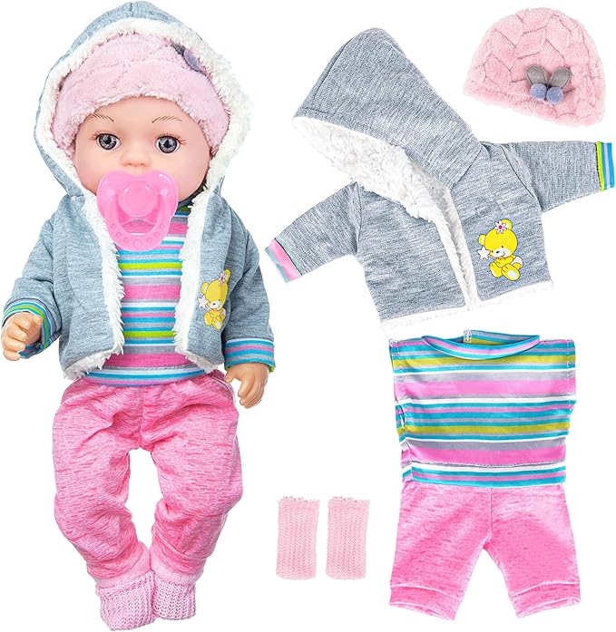 12 Inch Baby Doll - 12" Lifelike Baby Doll with 3-Piece Outfits, 4 Accessories & Feeding Playset - Realistic Rosy Cheeks & Blue Eyes, for Kids