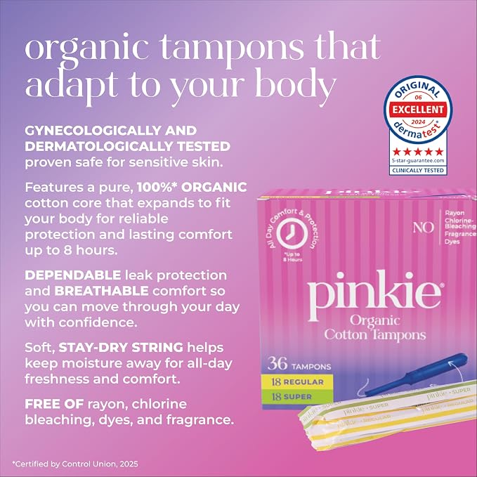Pinkie Organic Tampons for Teens & Adults - 100% Cotton Core Adapts to Your Body - Slim BPA-Free Applicator for Comfortable Insertion - Chlorine, Fragrance, Dye & Rayon Free - Regular/Super, 36 Count