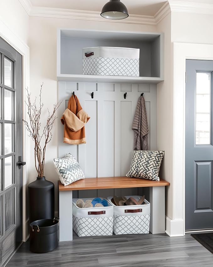 DECOMOMO Storage Bins, Large Fabric Storage Baskets for Shelves 3 Pack | 15 x 11 x 9.5 inches Decorative Linen Closet Organizers with Handles (Checkered White)