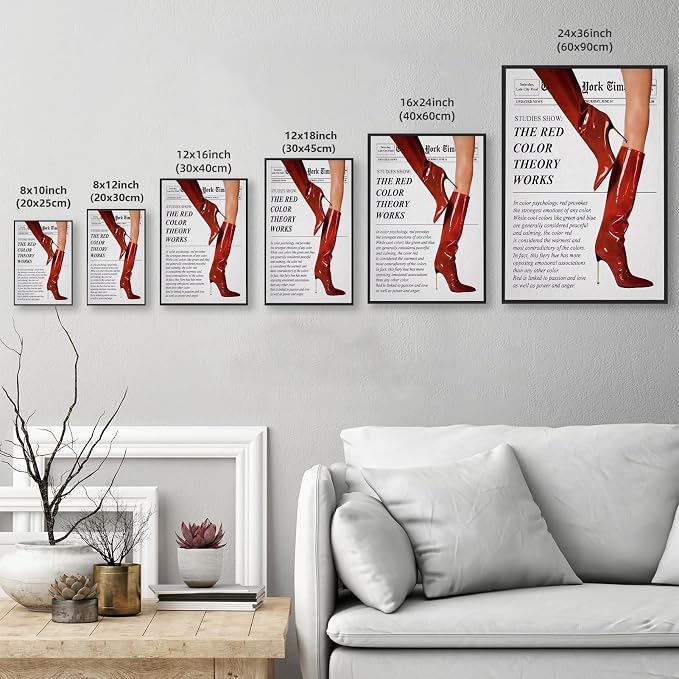 Vintage Color Theory Newspaper Poster Retro Fashion Red Boots Canvas Wall Art Funky Girl Room Decor Feminist Quote Print Wall Decor Aesthetic for Girly Bedroom Home Dorm 8x12inch Black Aluminum Frame