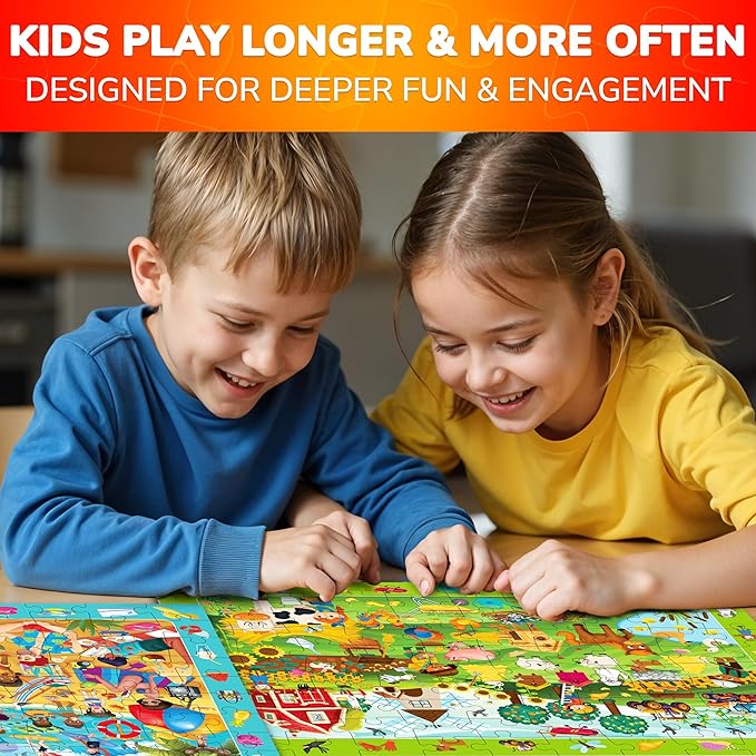 QUOKKA 100 Piece Puzzles for Kids Ages 4-6 – 4xSET Search and Find Kids Puzzles Ages 5-8 – Artist-Crafted Illustrations with Children Daily Life, Hidden Objects - Educational Activity Toy Gift