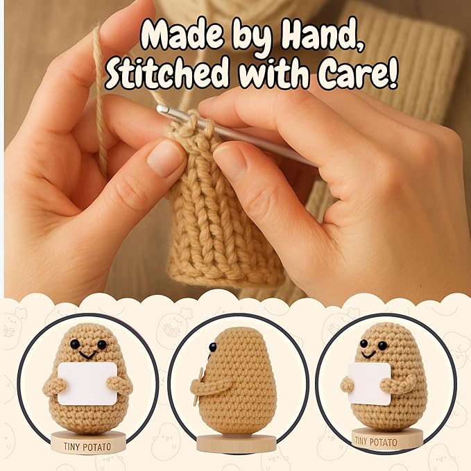 Tiny Potato - Handmade Positive Crochet Doll with 30 Uplifting Cards - Friendship Gifts for Women for Birthday, New Job, Cheer Up Emotional Support - Gift for Best Friend, Bestie, Coworkers, BFF