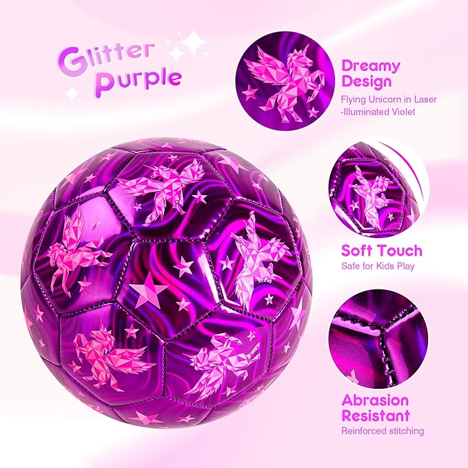 Kids Soccer Ball Size 2 Size 3 Size 4 with Pump Deflated - Operation Christmas Child Shoebox Gift - Glitter Purple Blue Unicorn Dinosaur Toys for Toddler Kids Boys Girls 1-3 3-8 8-12 Years Old