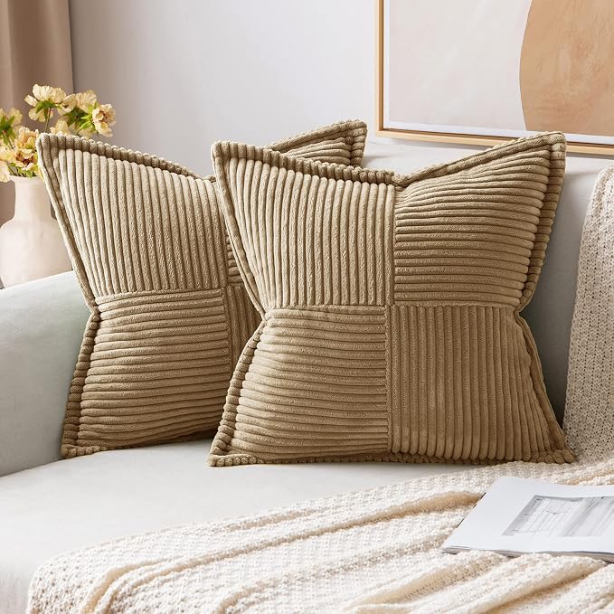 MIULEE Decorative Throw Pillow Covers for Couch 18x18 Inch Khaki 2 Pack | Boho Broadside Striped Patchwork Pillow Covers, Soft Corduroy Cushion Cases, For Sofa Bed Livingroom Home Decor