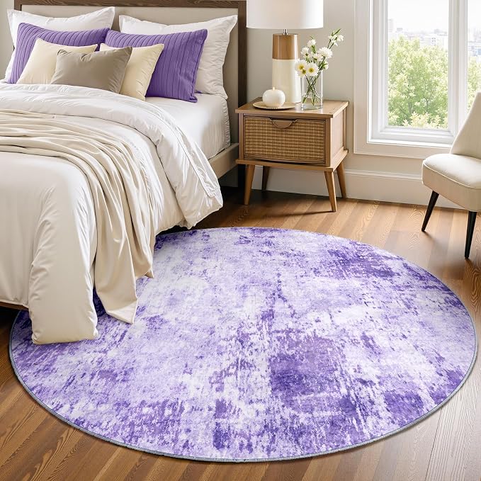 RELEANY Washable Round 4ft Area Rug for Living Room Purple | carpet for bedroom, kitchen, office, hallway and entryway, printed pattern, non-slip, soft, stain-resistant, easy to clean