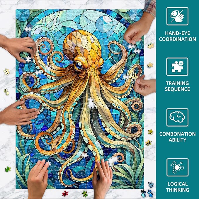 Sutinban Stained Glass Octopus Puzzle 1000 Pieces, 1000 Piece Puzzle for Adults, Coolest Adult Jigsaw Puzzle for Sea Creatures Lovers, Great Gift for Family, 27.5’’x19.7’’