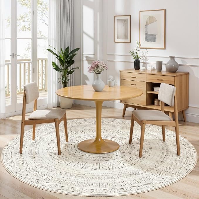 cotiled 6x6 Round Area Rugs Living Room Rug: Washable Boho Rugs with Non Slip Backing Large Soft Indoor Stain Resistant Carpet for Bedroom Farmhouse Dining Room Lightweight Home Decor L Brown/Cream