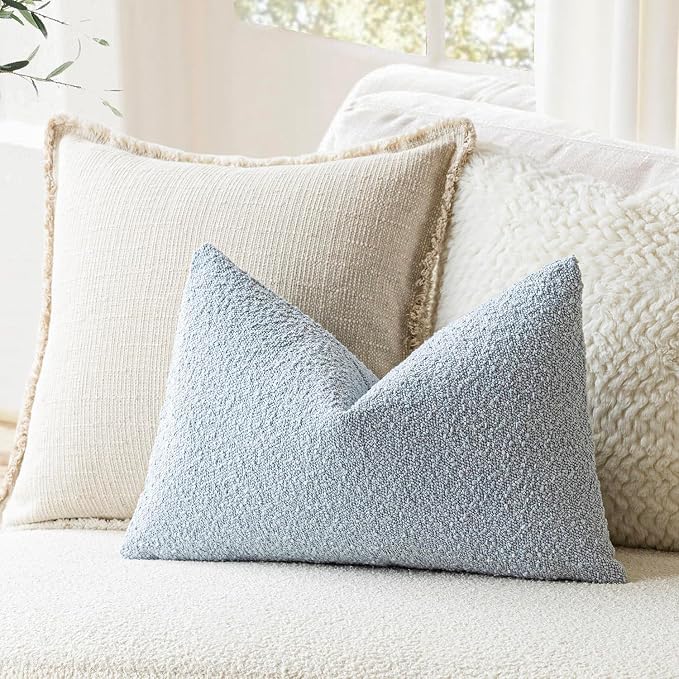 Foindtower Pack of 2 Modern Textured Boucle Lumber Throw Pillow Covers Accent Solid Decorative Pillow Cases Cozy Couch Cushion Case for Sofa Bed Living Room Home Decor, 12 x 20 Inch, Light Blue