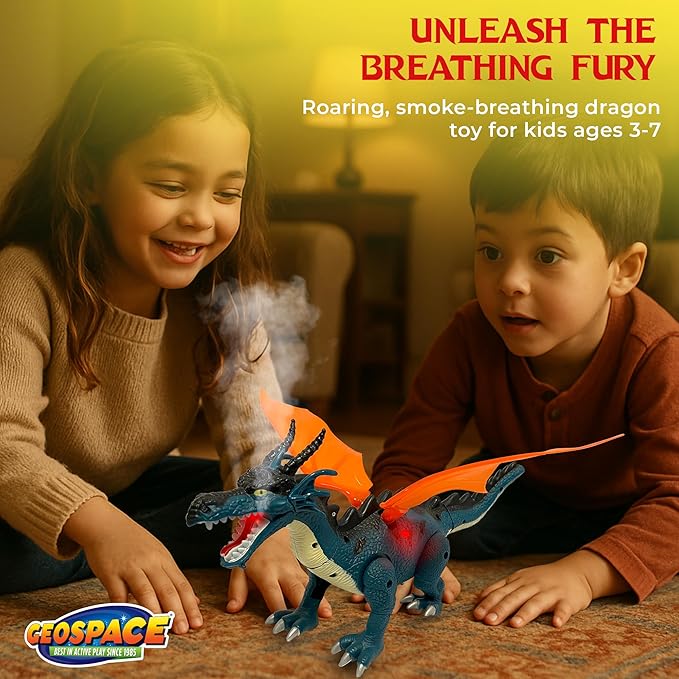 Geospace New Dragon Walking Dinosaur Toy – Smoke Breathing Fire Dragon Toy for Kids 3 & up, Walking Dinosaur Toys with Lights, Roaring Sound, Dragons Action Figure, Dragons for Gift (Blue)
