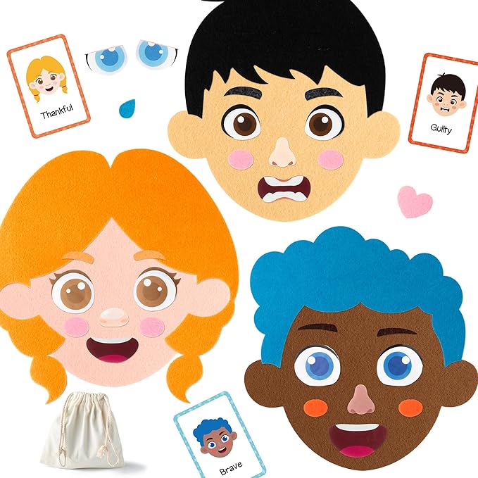 WATINC Social Emotional Learning Activities Toy - 160Pcs Felt Emotion Facial Face Game, Montessori Toys with 3 Face Boards 6 Hairstyles 36 Emotion Flashcards Birthday Gift for Preschool Classroom Kids