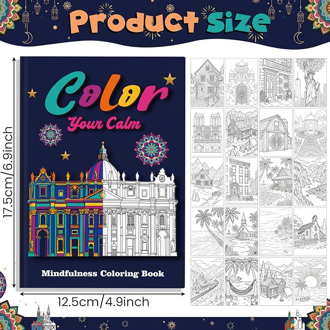 Liliful 144 Pcs Architectural Mandala Coloring Book Bulk 5 x 7 Inch Landmark & Building Themed Mindfulness Coloring Books for Stress Relief, Party Favors & Adult Gifting