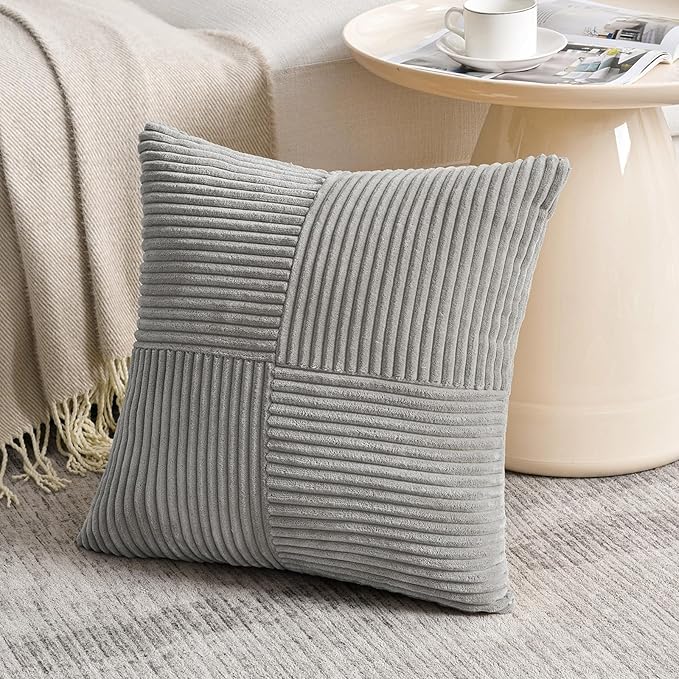 Fancy Homi 2 Packs Grey Euro Decorative Throw Pillow Covers 28x28 Inch for Bedroom Bed, Farmhouse Boho Home Decor, Soft Corss Corduroy Patchwork Textured Square Cushion Case 71x71 cm