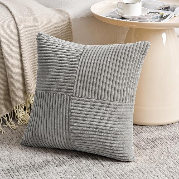 Fancy Homi 2 Packs Grey Decorative Throw Pillow Covers 18x18 Inch for Living Room Couch Bed Sofa, Rustic Farmhouse Boho Home Decor, Soft Corss Corduroy Patchwork Textured Square Cushion Case 45x45 cm