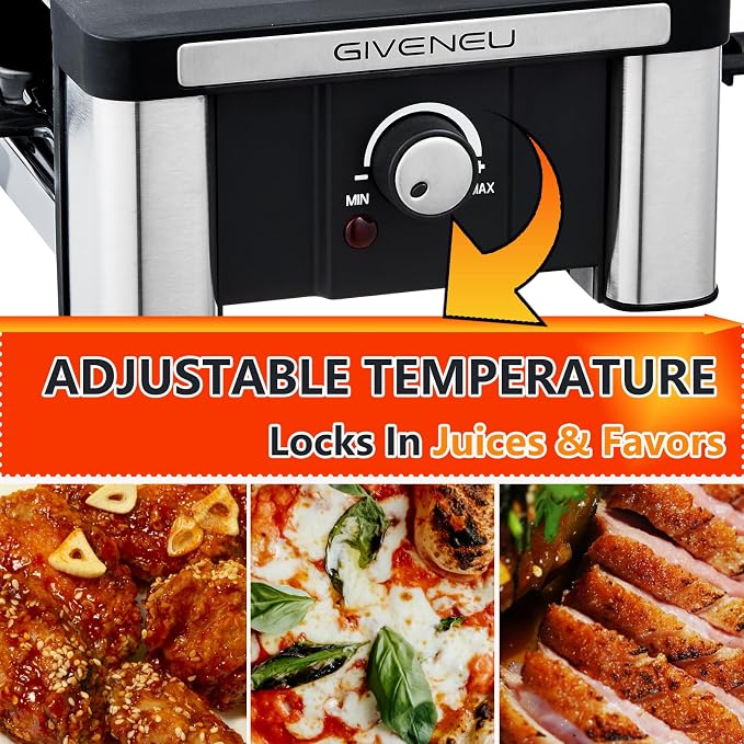 GIVENEU Raclette Grill 8 Person, 1200W, Natural Stone & Reversible Plate | 3-in-1 Stone, Grooved & Flat Plate; Dishwasher Safe Pans; Cheese Raclette, Korean BBQ, Teppanyaki; Christmas, Holiday Gift