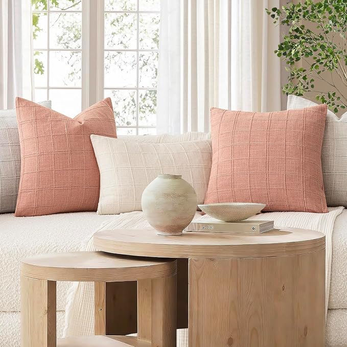 Foindtower Set of 2 Decorative Linen Check Throw Pillow Covers Neutral Farmhouse Vintage Cushion Covers Modern Boho Accent Home Decor for Sofa Chair Couch Bedroom Living Room,24×24 Inch,Coral Pink