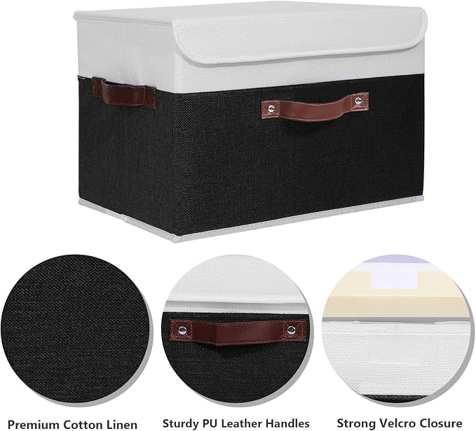 ANMINY Fabric Storage Box Bins with Lids, Black White, 15"x10"x10" | Keepsake Memory Storage, Cotton Linen, PP Board Reinforced, Washable, PU Handles, Foldable & Stackable, Decorative, Large