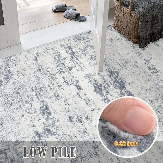 9x12 Area Rug Living Room Rug: Washable Modern Abstract Soft Thin Rug Indoor Floor No Slip Carpet for Bedroom Dining Room Farmhouse Nursery Home Office - Blue Grey