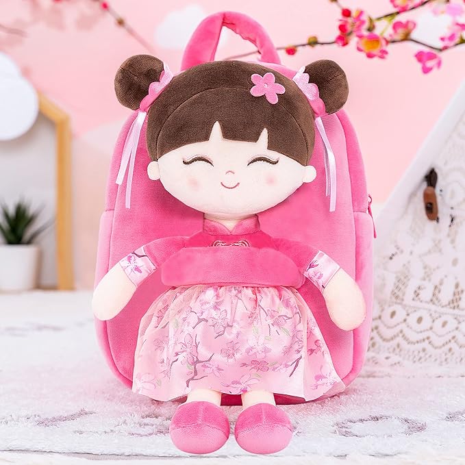 Gloveleya Back to School Gifts for Girls Kids Backpack Toddler Backpack Soft Plush Asian Girl Doll Backpacks Pink 9"